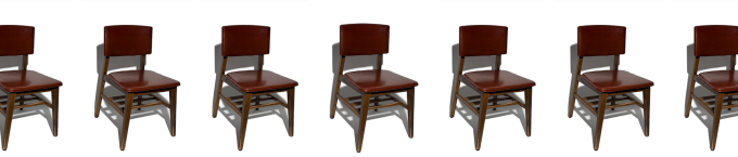 wood and reddish brown vinyl study chairs in a row. 