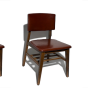 wood and reddish brown vinyl study chairs in a row. 