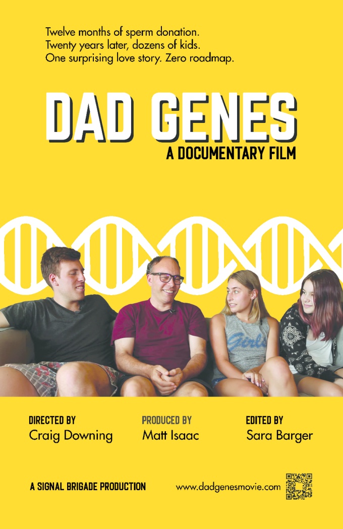 yellow background movie poster for Dad Genes: a documentary film. 