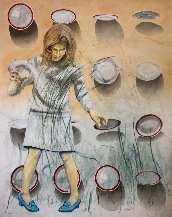 drawing of a girl with blond hair, and series of white plates with a red rims beind her, and skateboard wheel marks on the background. 
