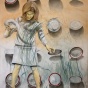 drawing of a girl with blond hair, and series of white plates with a red rims beind her, and skateboard wheel marks on the background. 