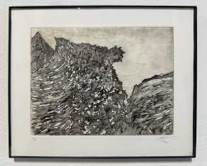 Black and white art print of a wave of water, in a black frame. 