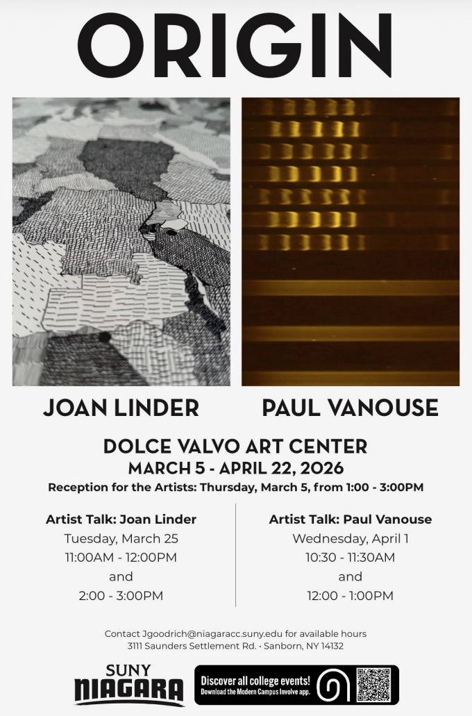 Zoom image: Exhibition poster for Origin with Joan Linder and Paul Vanouse at NCC