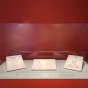 Zoom image: Vitrine containing three open notebooks aof drawings of people, in front of a red wall.
