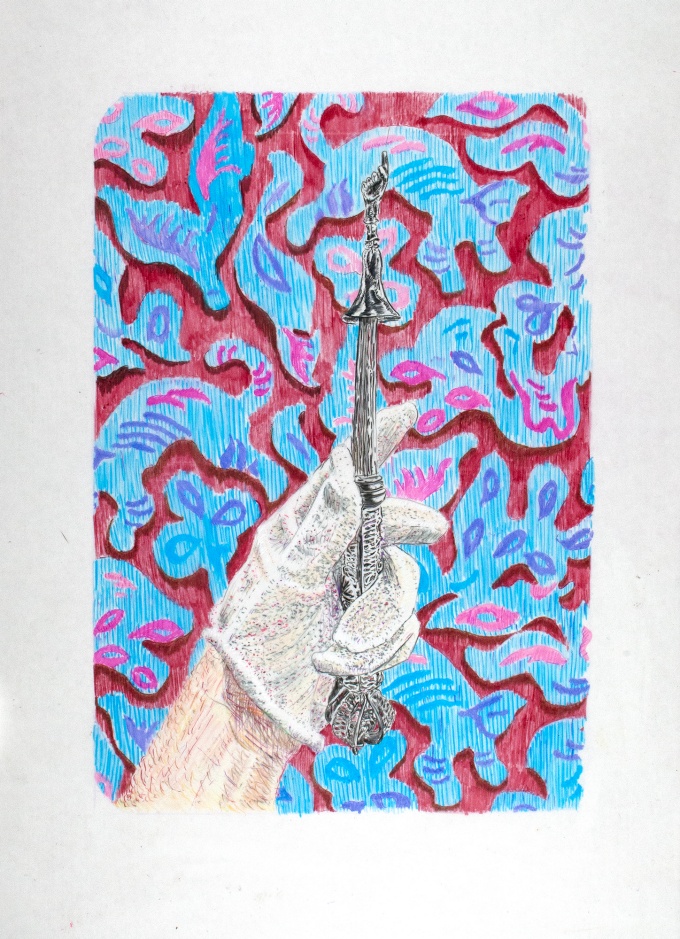 Zoom image: Noah Breuer, "Linen Glove, Silver Yad", 2026, Colored Pencil on Vellum, 25 x 18 ins. 