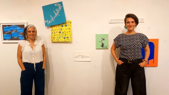 Zoom image: Joan Linder (left) and Becky Brown (right), at the reception of their two person exhibition, Permanence, at SUNY Brockport's Tower Fine Arts Gallery, Septemer 17, 2026. 
