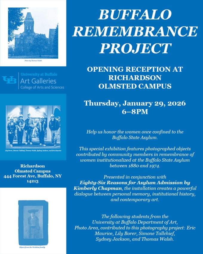 Zoom image: Blue and white event poster for the opening reception of the Buffalo Remembrance Project.