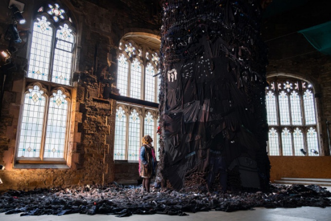 Zoom image: Victoria Udondian, Ofong Ufok (2019&ndash;2022), large hand-woven textiles, second-hand clothes, repurposed textiles, rope, dye. Dimensions variable. 