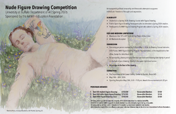 Zoom image: Spring 2026 OFD Competition poster, featuring: Marina Rosa, Grassy Meadows, Oil Pastel, Open Figure Drawing, Fall 2025 