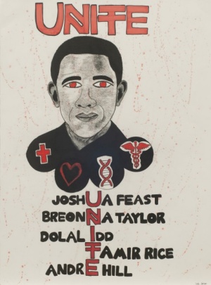 Zoom image: Andie Jairam, UNITE (Portrait of Barack Obama), 2021; charcoal, ink and watercolor on paper, 30 x 22 inches (original); Courtesy of the artist 