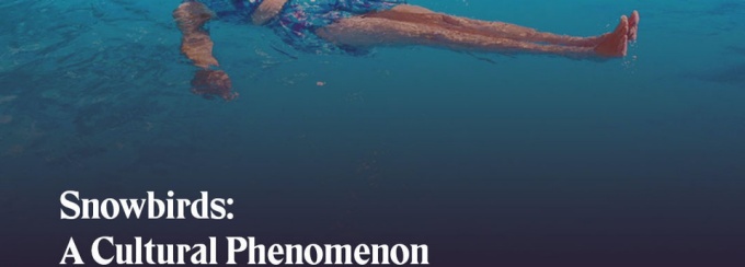 Zoom image: Snowbirds poster, woman floating in pool with white bathing cap