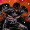 Black clad comic book superhero drawing on red background with the word EBON in black and blue colors. 