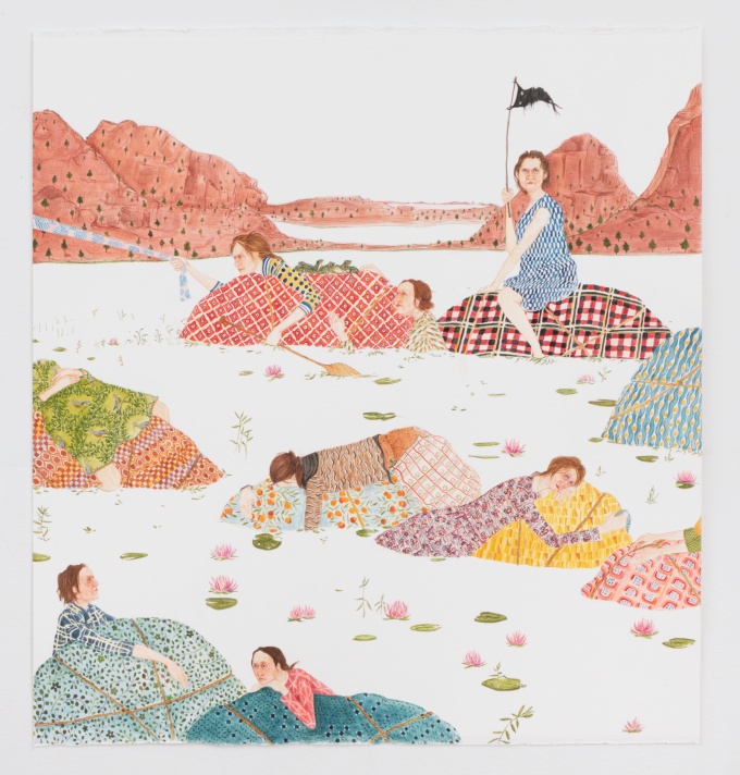 Image of the artwork "Buoyant", 2020, Gouache on paper, 22 7/8 x 21 1/2 inches, by Amy Cutler, depicting figures sitting on colorfully patterned rocks. 