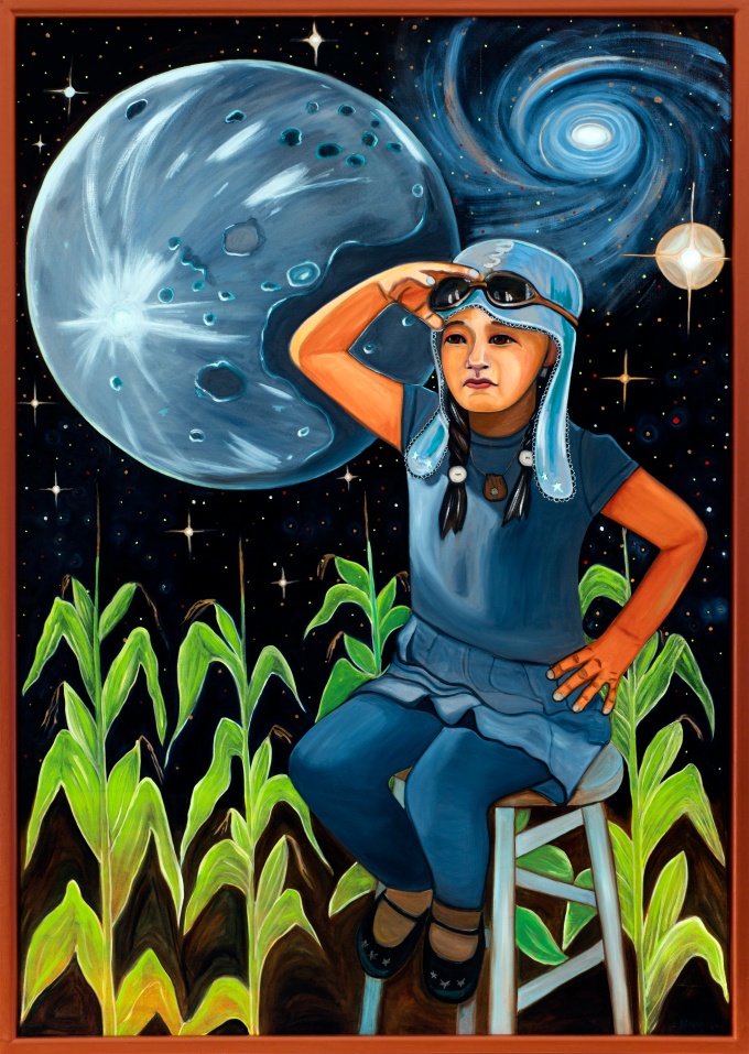 Image of the artwork "Raaven's World" by artist Shelly Niro, depicting a person, wearing a blue tunic, blue pants, a flying cap and goggles, sitting on a stool near a corn field, with celestial orbs in the background. 