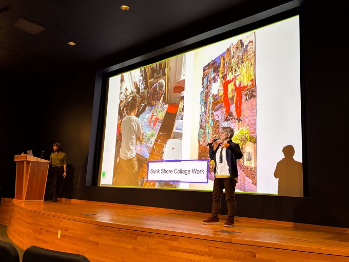 Zoom image: "Sunk Shore" artists Carolyn J. Hall and Clarinda Mac Low&nbsp;on stage of the Screening Room, in the Center for the Arts on UB North Campus, &nbsp;as part of the Department of Art's Visiting Artist Speaker Series, on November 17, 2025. 