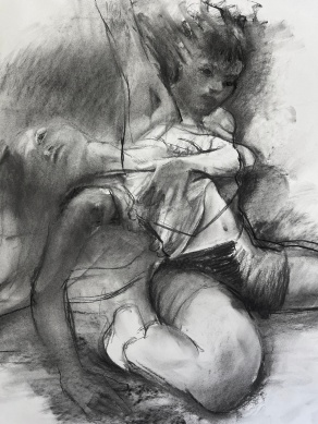 Zoom image: Backup Dancer Floor Split, 2024, charcoal on paper 