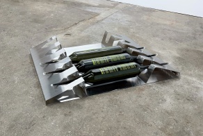 Zoom image: Benthic Archive No. 1.5, 2025 Hermetically sealed scientifically blown glass ampoules, pasteurized sediment* from Gowanus Canal, DSTVITOlux-f Thermoplastic, UV-DTF transfer, custom stainless steel tray 45 x 32.5 x 5.75 in 