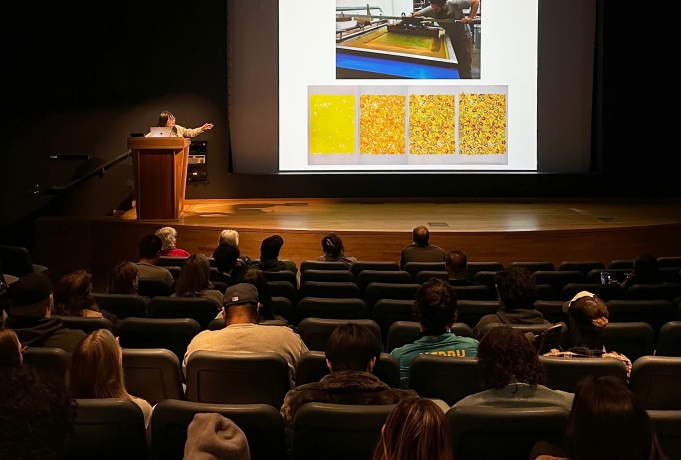Zoom image: Charlene Liu speaks in the Visiting Artist Speaker Series, October 21, 2024, in the Center for the Arts Screening Room. 