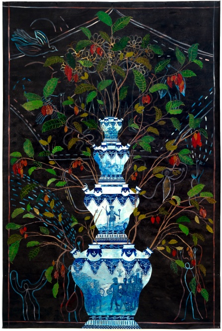 Zoom image: Nancy Friedemann-S&aacute;nchez, Dream Map and Cornucopia with Tulipiere, 2024, Ink on Tyvek, 135" x 90" (342.9cm x 228.6cm). 