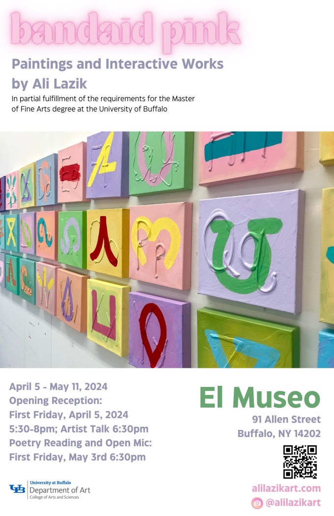 Bandaid Pink exhibtion poster by Ali ALzik, with an image of canvas paitnings of three dimensional letters, painted over with imagined symbols. 