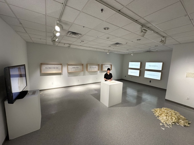 Zoom image: Installation view of K. MacNeil exhibition &quot;What I've Been Trying to Say&quot;, in the UB Department of Art Project Space, February 2024. 