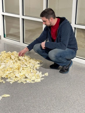 Zoom image: K. MacNeil, &quot;I THINK MY COUGH DROPS ARE GASLIGHTING ME&quot;, Linocut and handset Futura printed on mulberry. Unlimited edition. 