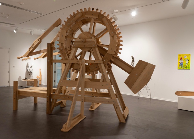 Zoom image: Frederick Wright Jones, &quot;The Devile is in the Detail&quot;, wood, 2021 Installation shot in the UB Department of Art Lower Gallery during &quot;Try Harder&quot; exhibition, Fall 2023 Image: Misael Hernandez 