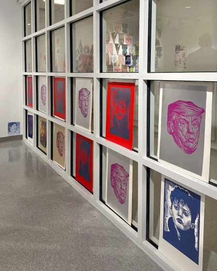 Zoom image: Woodcuts (of Donald Trump, Ted Cruz, and young Kamala Harris), designed by David Barthold, printed in the Department of Art at the University at Buffalo. 