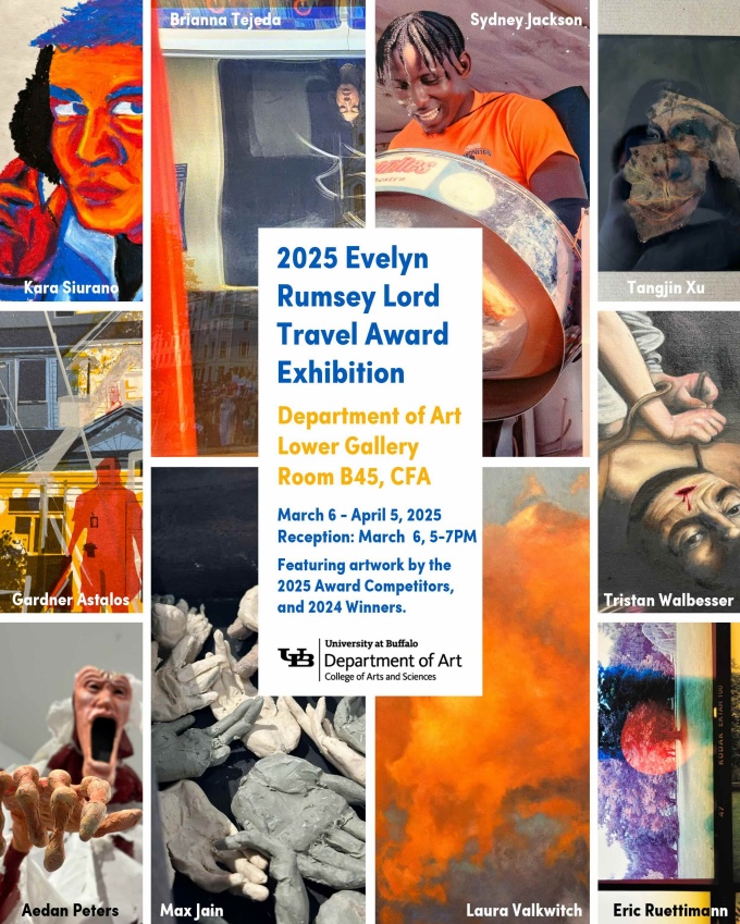 Zoom image: Exhibition poster for the 2025 Rumsey Travel Award Exhibition, with a collage of images of 10 works by the participating student artists, and information on the show dates and location.