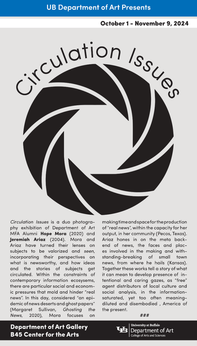 Text that reads: Mora and Ariaz have turned their lenses on subjects to be valorized and seen, incorporating their perspectives on what is newsworthy, and how ideas and the stories of subjects get circulated. Within the constraints of contemporary information ecosystems, there are particular social and economic pressures that mold and hinder “real news”. In this day, considered “an epidemic of news deserts and ghost papers” (Margaret Sullivan, Ghosting the News, 2020), Mora focuses on making time and space for the production of “real news”, within the capacity for her output, in her community (Pecos, Texas). Ariaz hones in on the meta backend of news, the faces and places involved in the making and withstanding-breaking of small town news, from where he hails (Kansas). Together these works tell a story of what it can mean to develop presence of intentional and caring gazes, as “free” agent distributors of local culture and social analysis, in the information saturated, yet too often meaning diluted and disembodied, America of the present. 