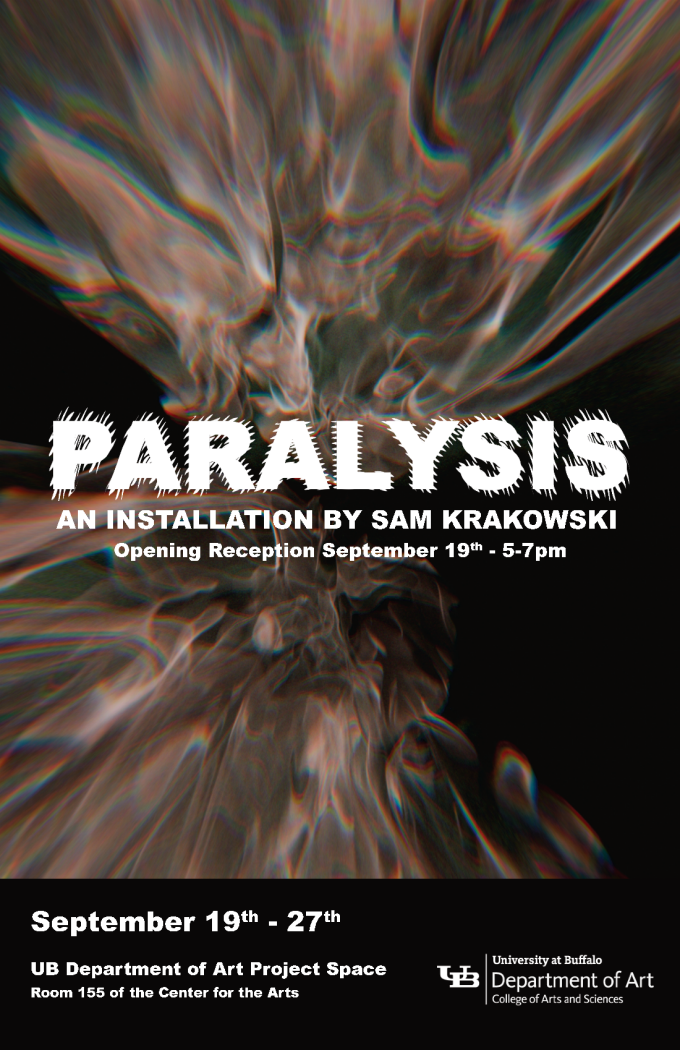 Zoom image: An art exhibition poster, for the show "Paralysis" by Sam Krakowski. Depicts a stringy web of pinkish tan threads/waves, on a black background.