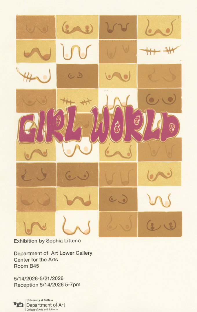 Zoom image: Girl World exhibition poster with screenprint checkboard design featuring line drawings of boobs shapes, on skin tone boxes.