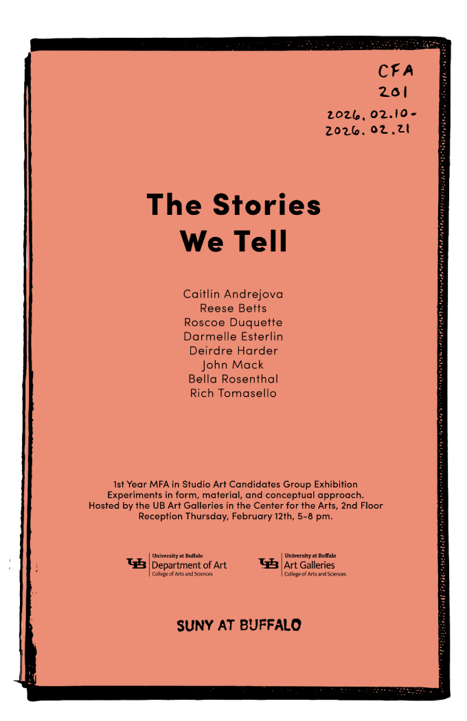 Zoom image: "The Stories We Tell" exhibition poster with a salmon colored background.