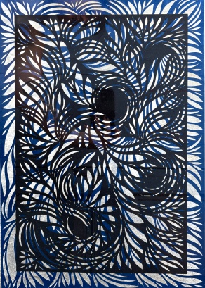 Zoom image: Kari Achatz Second Nature Azure, 2025 Hand-Cut and Painted Papers 16 x 20 in. Nichols School 