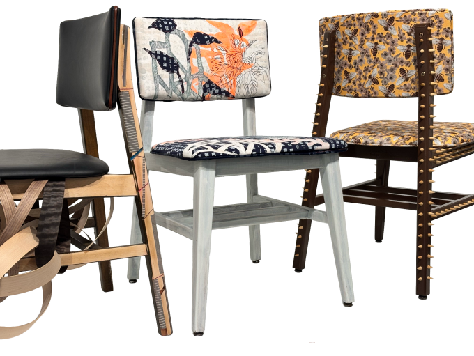 Zoom image: Left to right credits: Bryce Baker, Strata. Chair, leather, Walnut, Oak, Maple, Koto, and Ebony Veneers, paint Madeline Bartley, Rooted in Existence. Chair, hand printed textiles, woodblock print, appliqu&eacute;, collage, machine embrpoidery, fabric, paint Brian Millspaw &amp; Sarah Brown, b#. Chair, Ash wood, upholstery fabric 