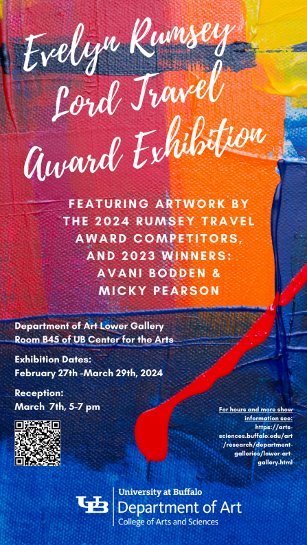 Exhibition poster for the Evelyn Rumsey Lord Travel Award, with text on a painted canvas background. The paint is blue, pink, yellow and orange swaths. 