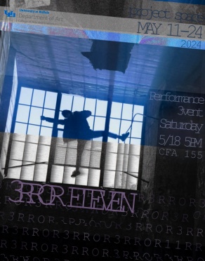 A person with limbs stretched in all directions, in front of a factory style wall of square windows, with grain silos visible in the background. The person is backlit, and therefore only their outline is visible, no features. Lighting is blue for the visible parts of the photograph montge. Light purple text over the images is listed in the caption. 
