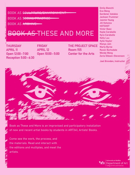 Exhibition poster for "Book as These and More", Light pink background and in dark pink: imagery of a set of eyes and text. 