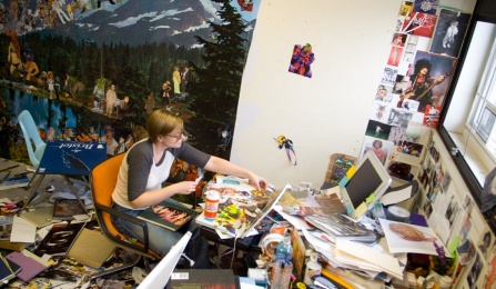 Graduate student in painting studio. 