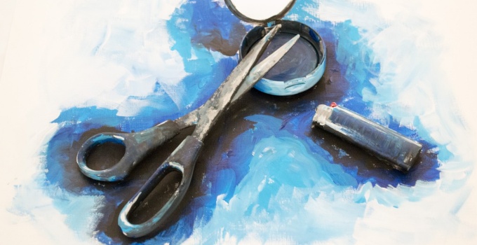 Painting of scissors and paints. 