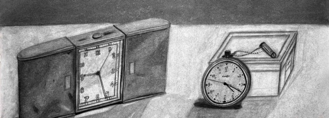 charcoal drawing of an alarm clock and pocket watch on a smooth surface. 