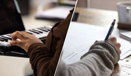 One student is playing a keyboard, another is taking notes. 