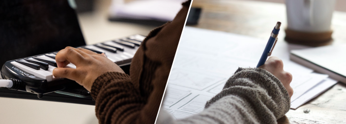 One student is playing a keyboard, another is taking notes. 