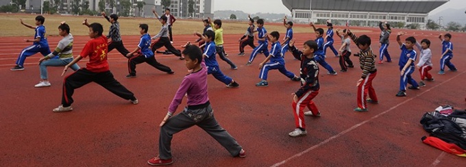Chinese students doing exercise. 