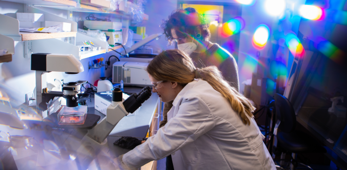 Two researchers work in a biological sciences laboratory, with one looking through a microscope while the other observes closely. Shelves of lab supplies line the room, and colorful reflections of light create a vibrant atmosphere around the lab equipment.
