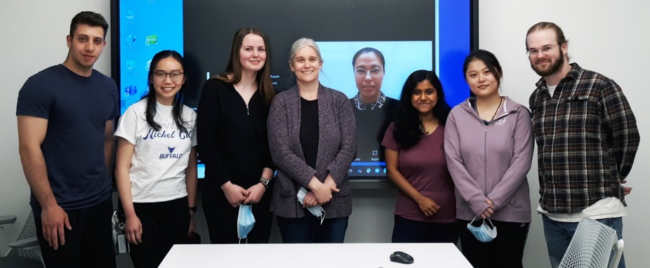 Rusche Lab Spring 2022 group Portrait standing, left to right: Ben Ernan, Serena Teh, Campbell Vogt, Laura Rusche, Guolei Zhao, Mahasweta Acharjee, Bowen Liu, Nathan Lynch. 
