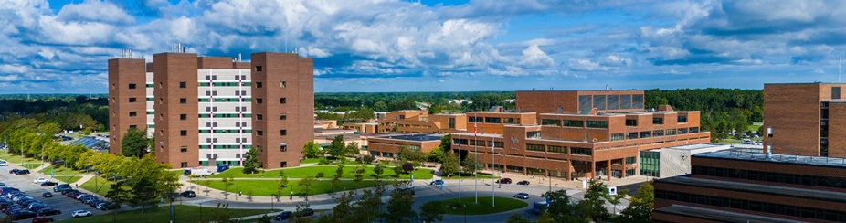 Exterior aerial image the North Campus in the fall taken in September 2023. Photographer: Douglas Levere. 