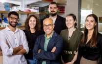 The lab of Omer Gokcumen (front center) co-led the study and helped analyze the genomes of 68 ancient humans for answers about our ability to begin breaking down starch in the mouth. Photo: Meredith Forrest Kulwicki. 