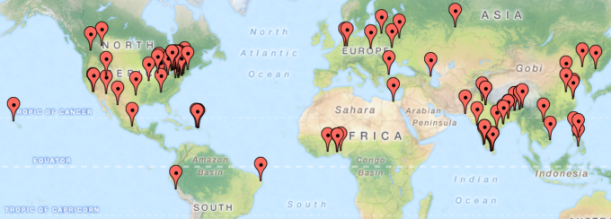 World map with pins showing where UB chemists are from. 