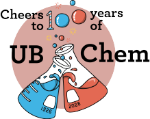 Illistration of two flasks cheerings with the text: Cheers to 100 years of UB Chem. 